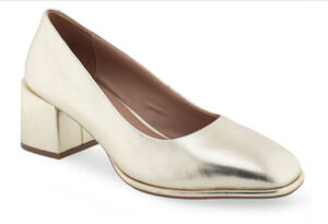 Aerosoles Alae Gold Metallic Leather Block Heel Pumps Women's Size 8